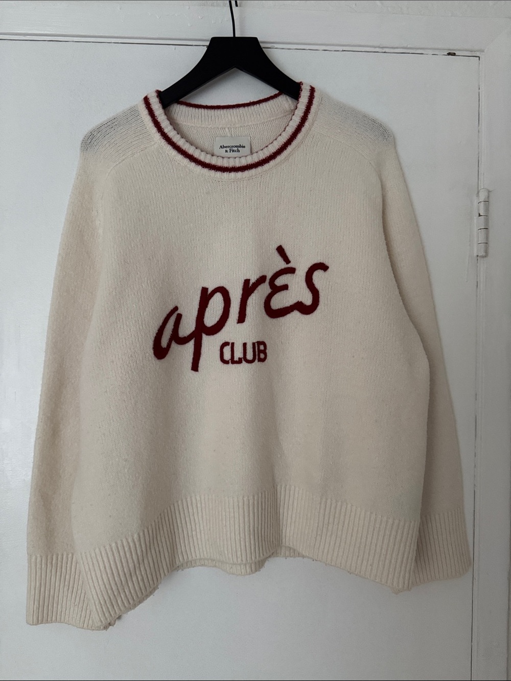 Abercrombie Après Club Cream Sweater with Red Script